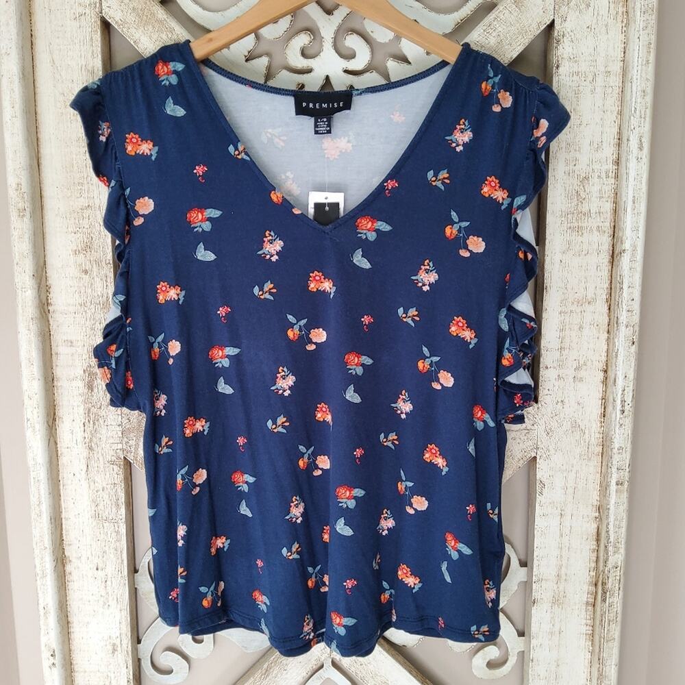 Premise Women's Flutter Ruffle Sleeveless V-Neck Tank in Blue & Coral Floral
